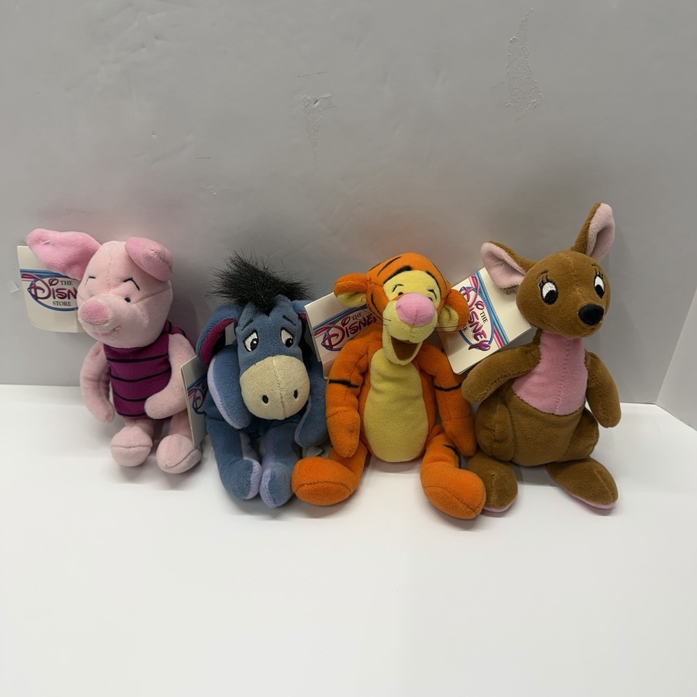 Vintage Disney Store Winnie Pooh Plush Beanie Lot WT Piglet Tigger Eeyore Kanga